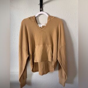 Cozy Tan V-Neck Sweater with Hood